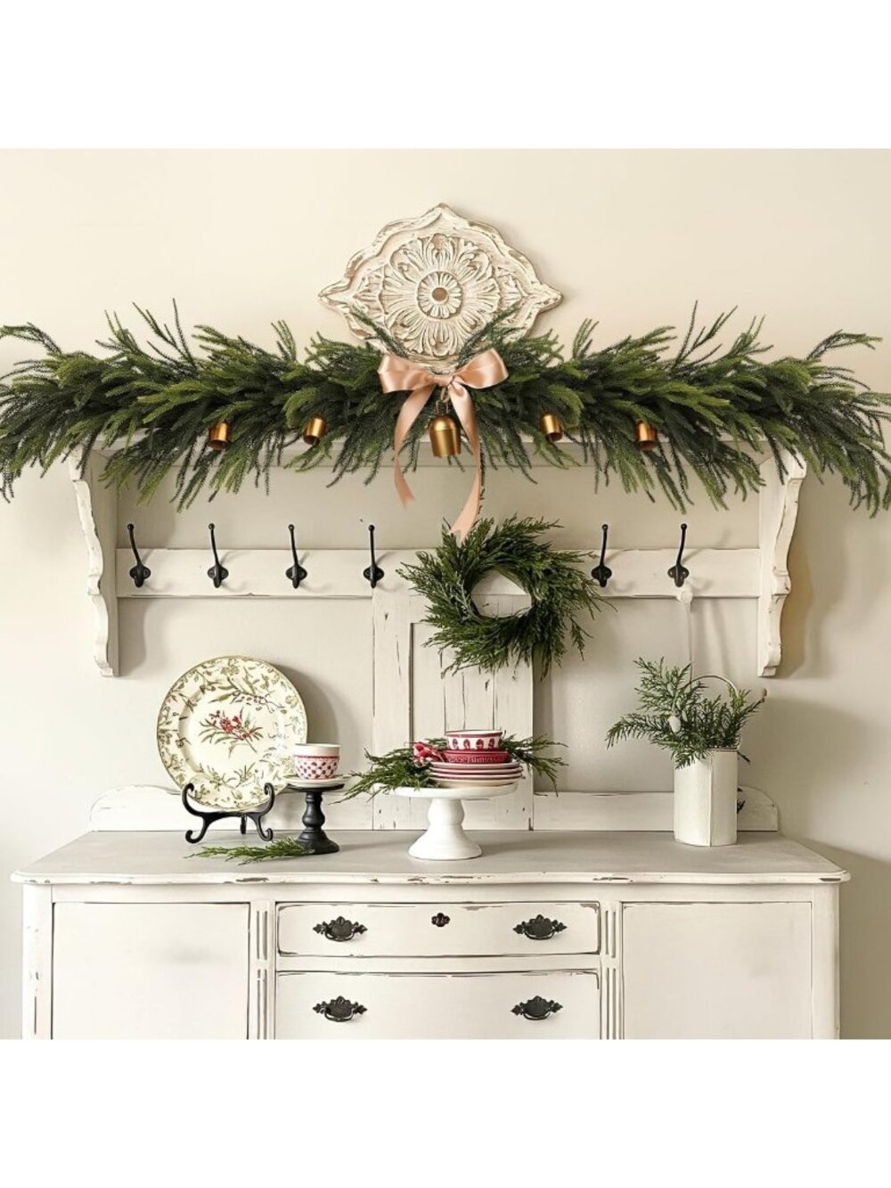 24PCS Christmas Norfolk Pine Stems Real Touch Branches Greenery Decorations